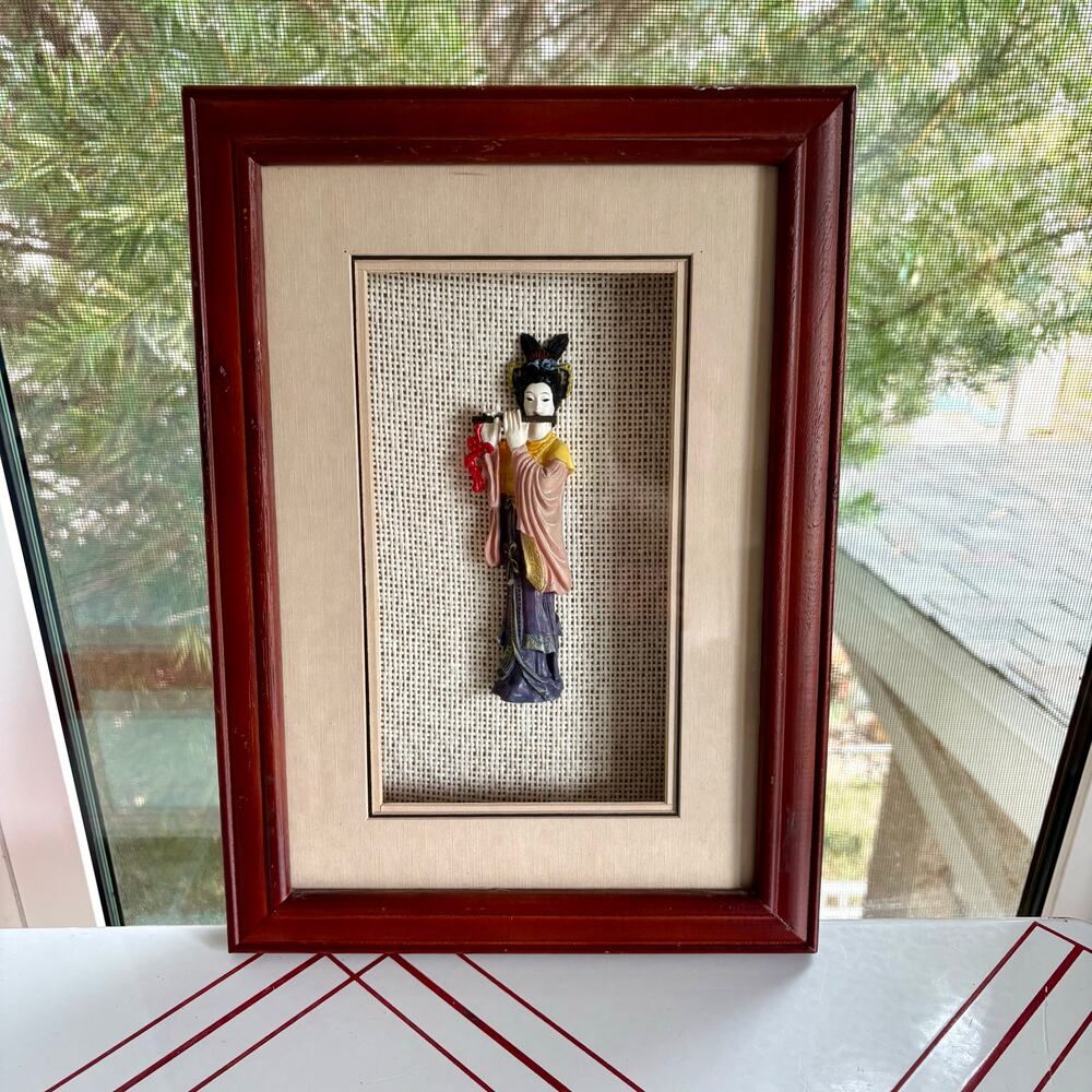 Vintage Asian Shadow Box Wall Art 3D Figurine Wood Frame Burlap